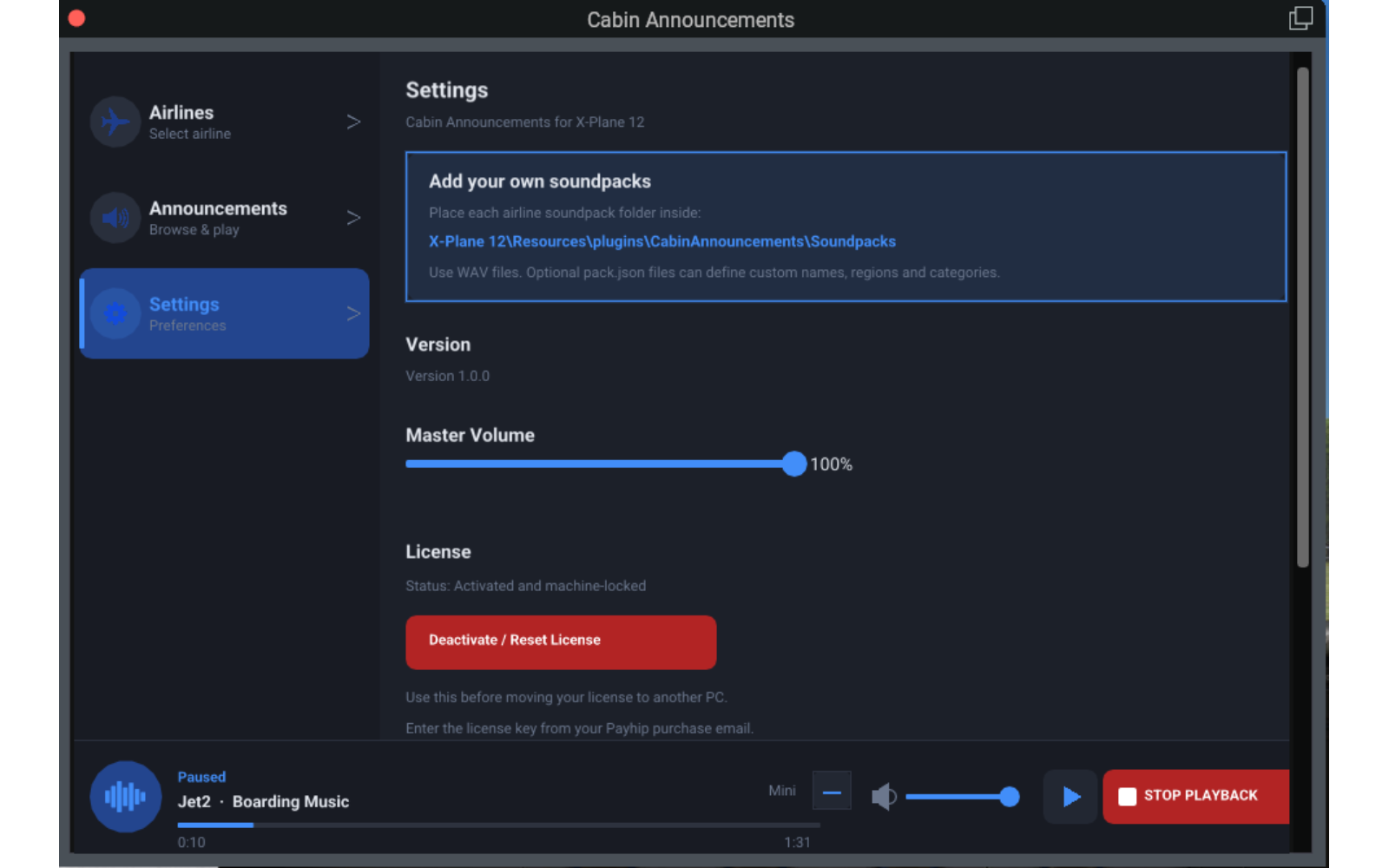 Cabin Announcements settings screenshot